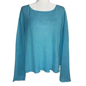 Eileen Fisher Size L Boxy Top Linen Turquoise Lightweight Sweater Lagenlook‎